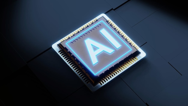 Blue neon sign on computer modern chip 3d render image