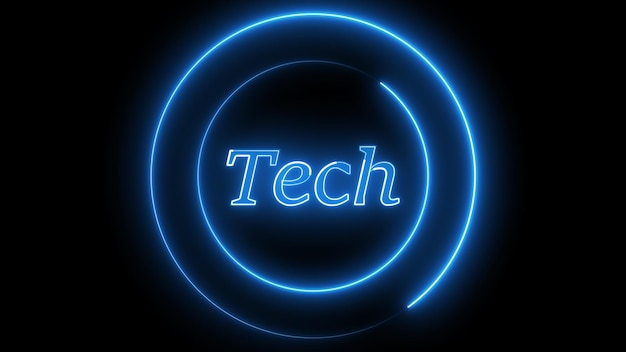 Blue neon sign with word Tech circular glow on a dark background