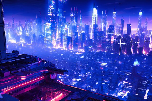 A blue neon skyline with pink neon lights