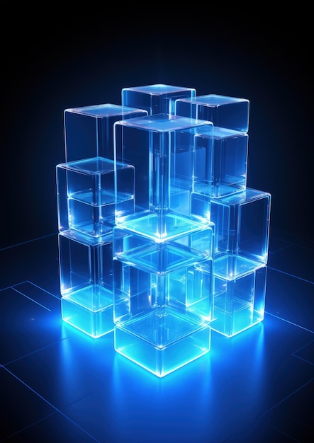 blue neon small digital cube element technology Generative AI