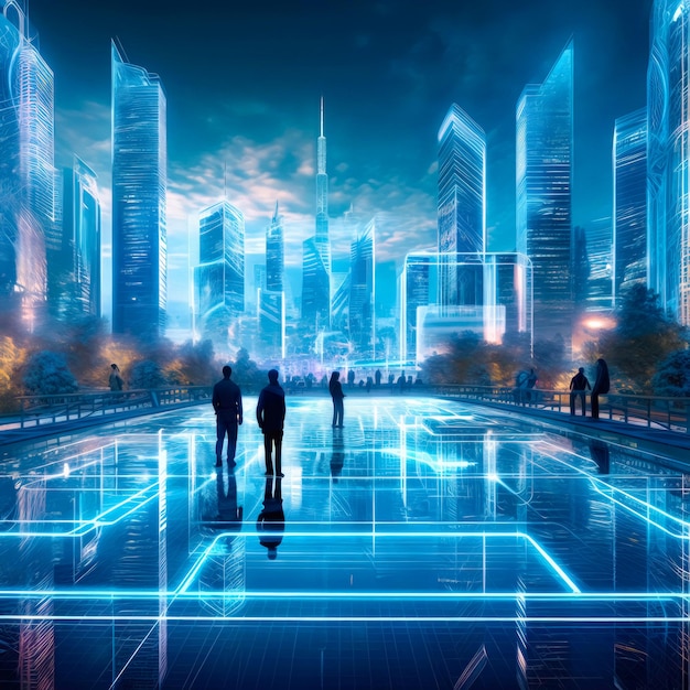 Blue neon smart city