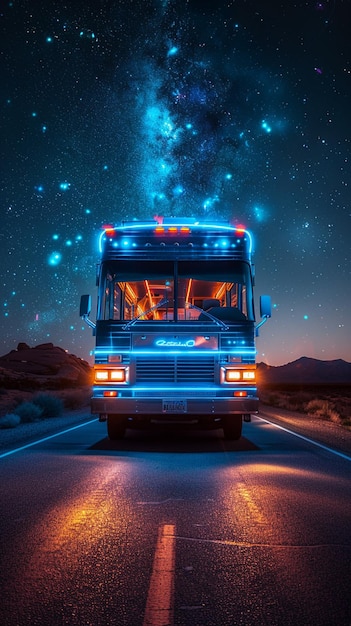 A Blue NeonLit Rv Cruising Along Luminous Background