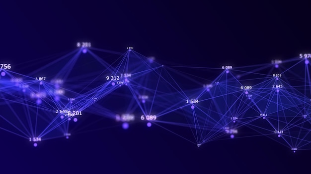 blue network connection structure stream of binary code digital background with dots numbers and lines big data visualization 3d rendering