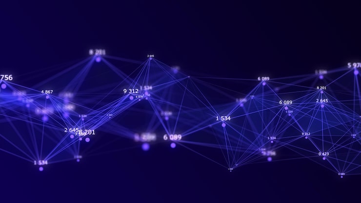 Photo blue network connection structure stream of binary code digital background with dots numbers and lines big data visualization 3d rendering