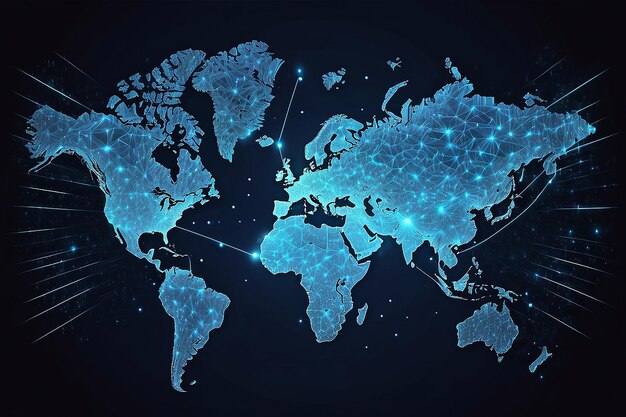 Blue network world map illustration in the style of neonlit urban Generative AI