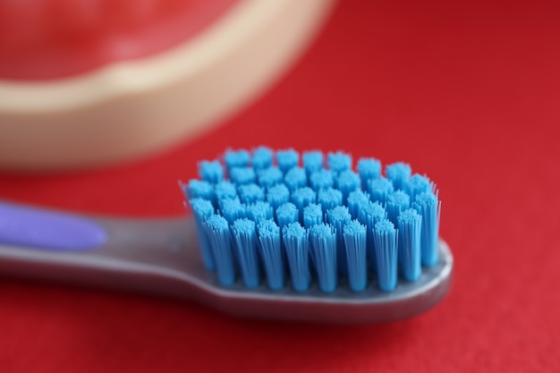 Blue new toothbrush on red background correct oral care concept