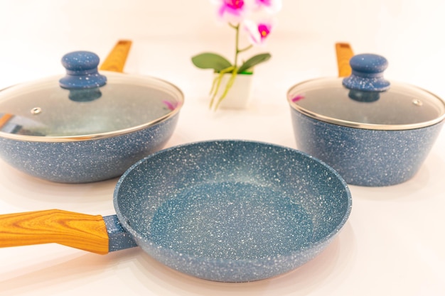 Blue NonStick Pot and Teflon Pan with Wooden Handle
