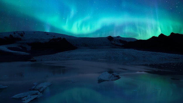 Blue Northern Lights in Jokulsarlon Glacier in Iceland