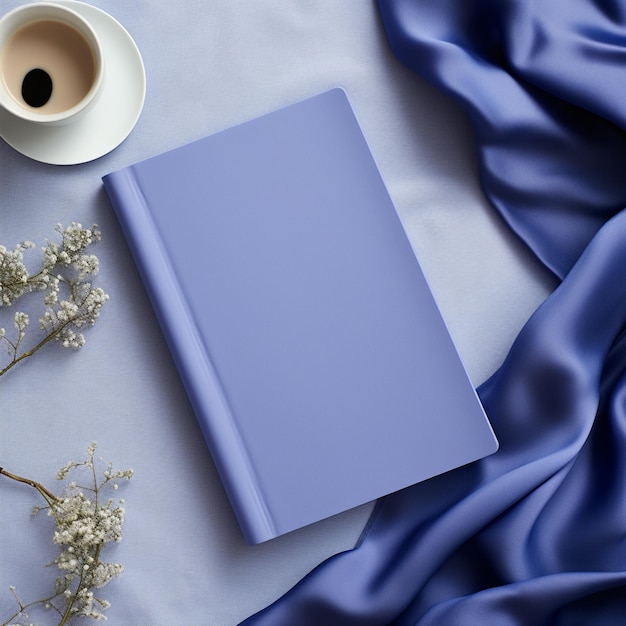 Blue notebook on fabric surface mockup