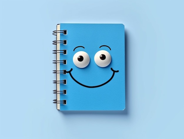 Photo blue notebook sheet with smiley magnet on white backgroundgenerative ai
