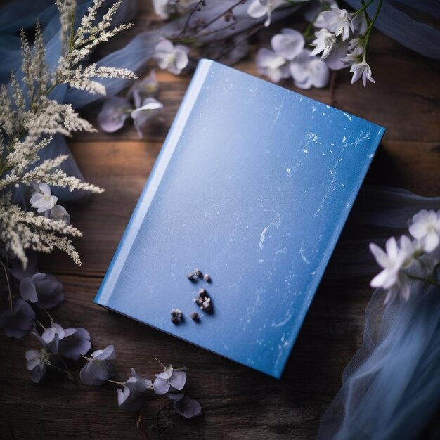 A blue notebook sitting on a wooden table with flowers ai