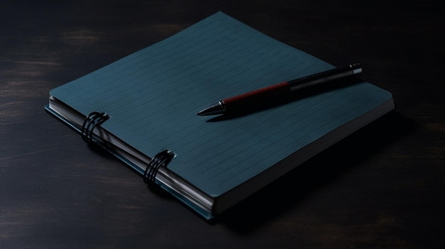 A blue notebook with a pen on it sits on a dark desk.