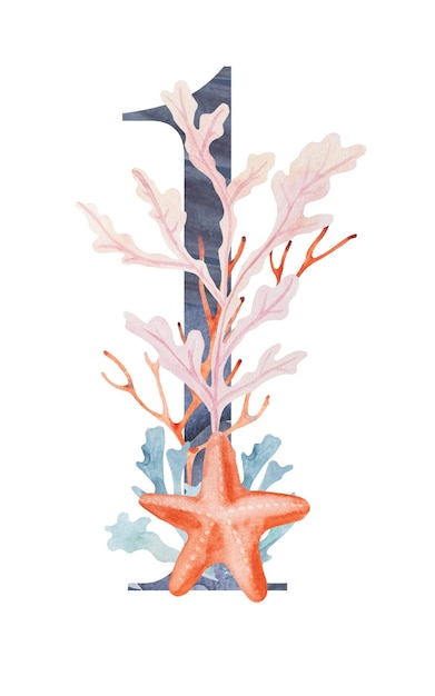 Blue number 1 decorated with watercolor seaweeds corals and seashells illustration