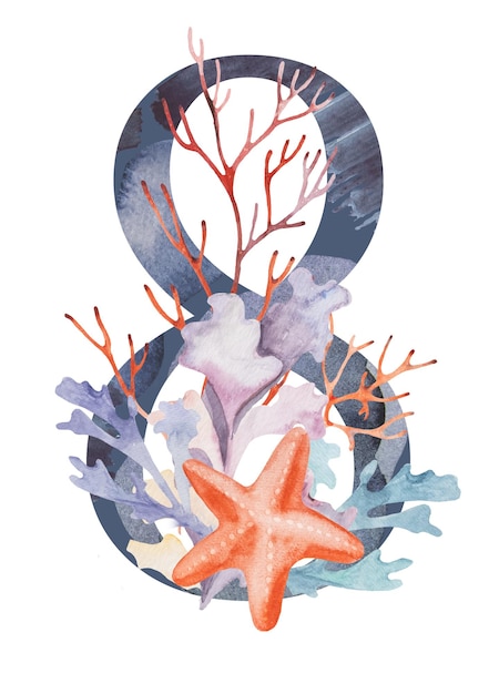 Blue number 8 decorated with watercolor seaweeds corals and seashells illustration