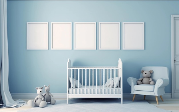 Blue nursery room with five blank frames mockup on the wall with a white crib and a blue blanket