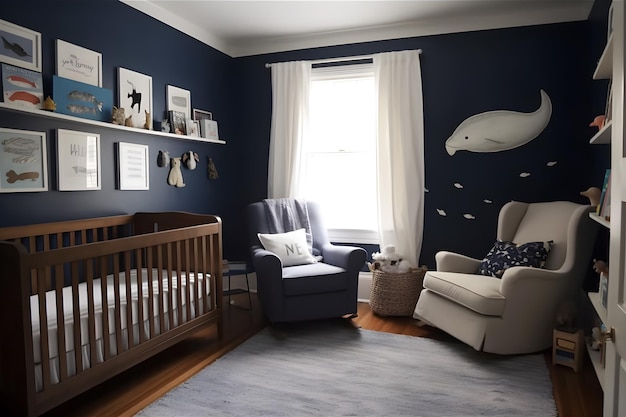 Premium AI Image | A blue nursery with a white shark on the wall