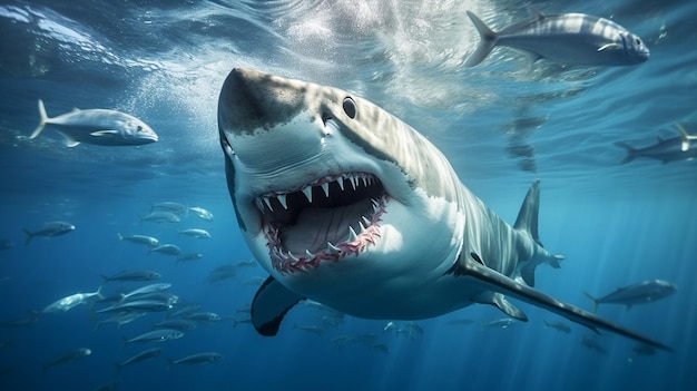 Blue ocean animal shark water travel undersea dangerous swimming nature white sea jaws teeth great mexico shark underwater predator horizontal fish