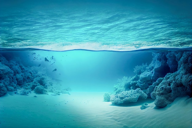 Blue ocean surface seen from underwater underwater background bottom and waves 3D illustration Generative AI