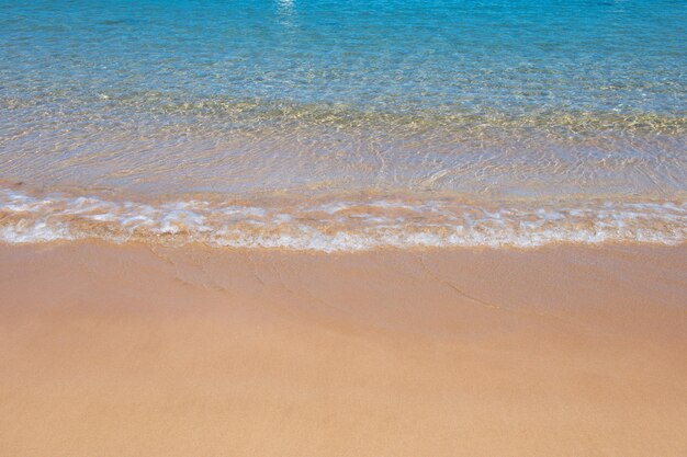 日没の夏の時間の砂浜のビーチの青い海の波ビーチの風景熱帯の海の景色は穏やかです...