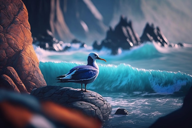 Blue ocean waves crashes into stone rocks and lonely bird Generative AI