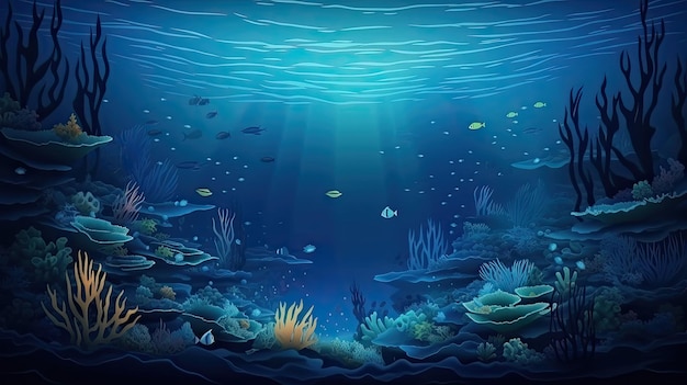 水の下を魚が泳ぐ青い海。