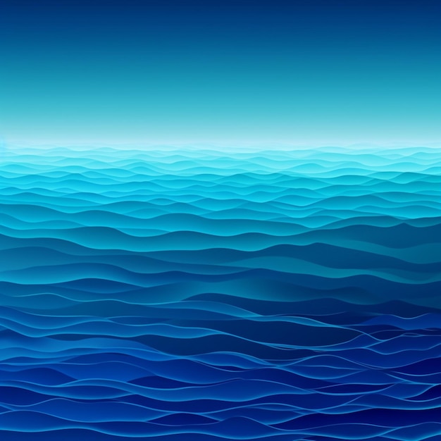 Голубой океан на светло-голубом фоне и солнце, сияющее на горизонте.