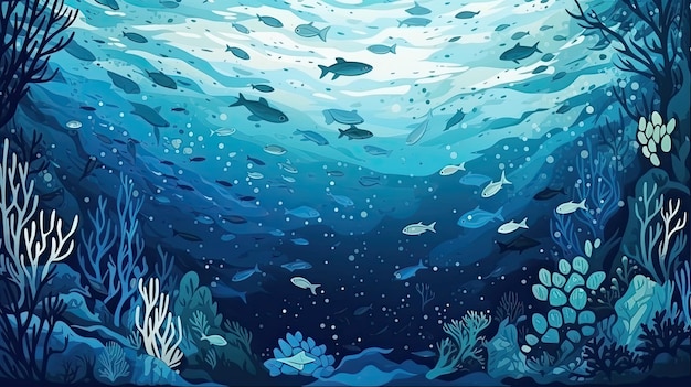 青い海、水中にはたくさんの魚がいます。
