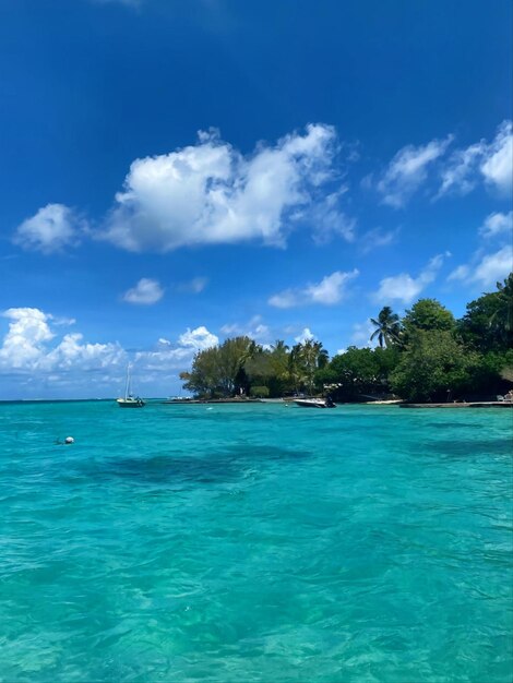 A blue ocean with a small island in the background