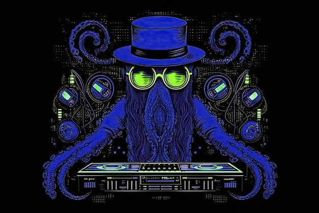 Photo blue octopus hipster dj with a vinyl disc and a record player an illustration of generative ai isolated on a black background