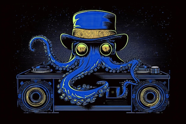 Foto blue octopus hipster dj con un disco in vinile e un lettore di dischi isolato su uno sfondo nero