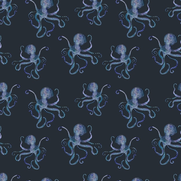 Photo blue octopus seamless pattern watercolor illustration