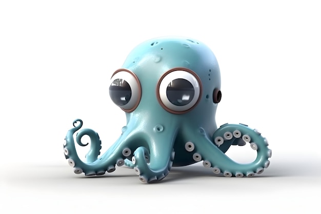 A blue octopus with big eyes sits on a white background.