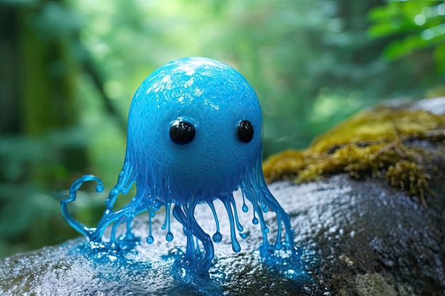 A blue octopus with a black eye sits on a rock in the forest.