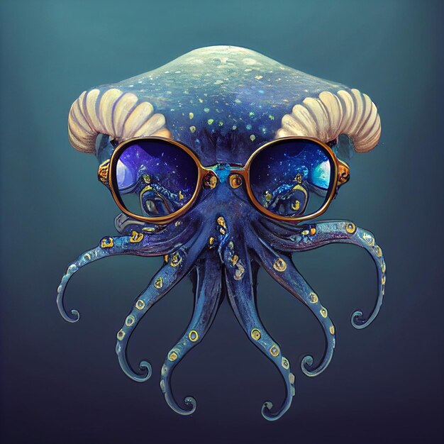 A blue octopus with gold glasses and gold rims.