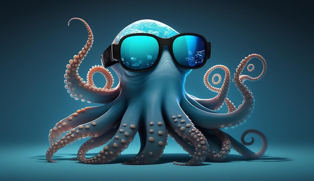 A blue octopus with sunglasses and a green planet on it.