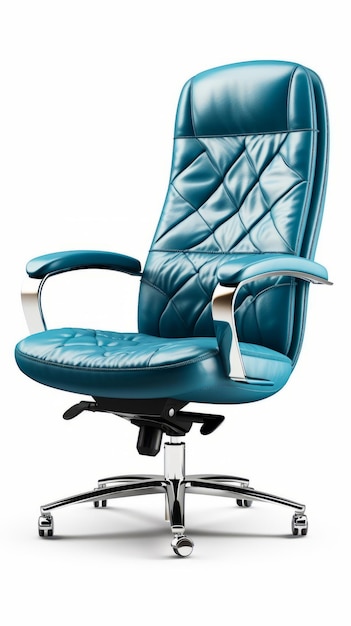車輪付きの金属フレーム椅子の上に座る青いオフィスチェア ジェネレーティブ AI