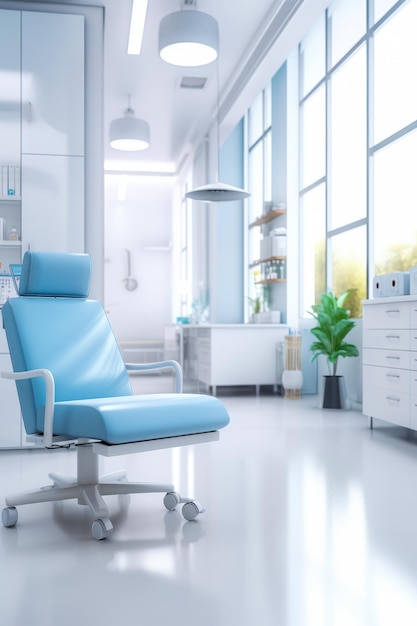 Голубой офисный стул в белой комнате с растением Генеративный ИИ