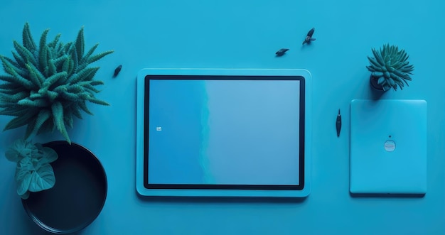 タブレットを平らに置いた青いオフィスデスクのラップトップ