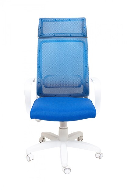 Blue office fabric armchair on wheels isolated on white , front view