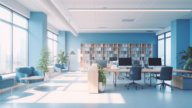 A blue office with a blue wall and a desk with a bookshelf.