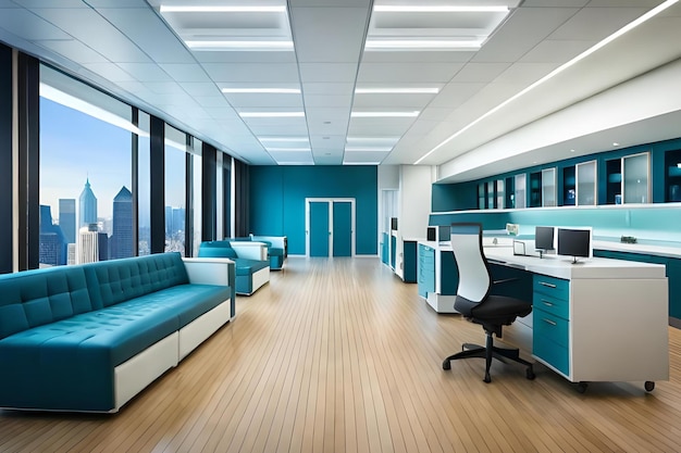 A blue office with a blue and white desk and chairs.