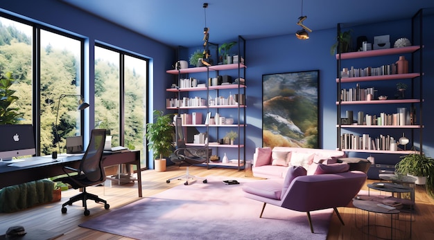 A blue office with a pink chair and a desk with a bookcase in front of it