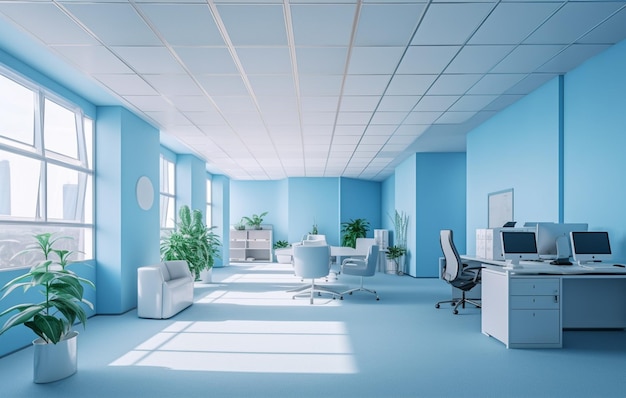 A blue office with a white desk and a computer on the wall.