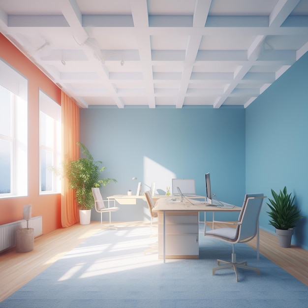 A blue office with a white desk and a white chair.