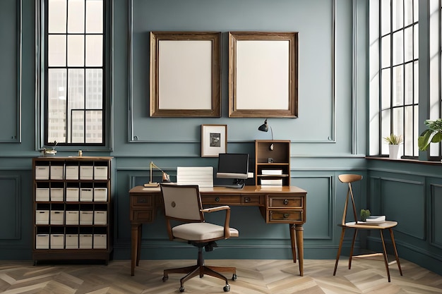 A blue office with a wooden desk and a chair
