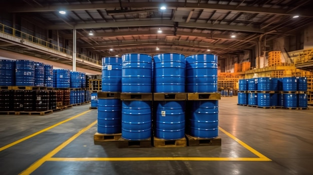 Blue oil barrels in warehouse