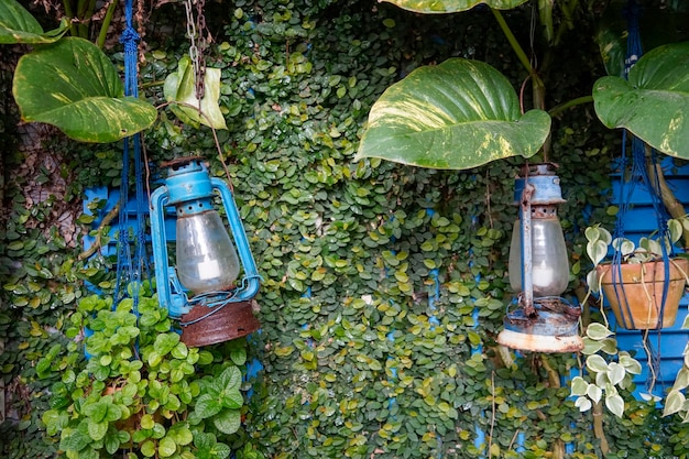 синяя старая лампа в саду