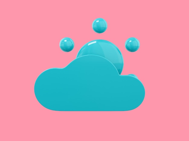 Blue one color cartoon sun behind cloud front view on pink flat background. Minimalistic design object. 3d rendering icon ui ux interface element.