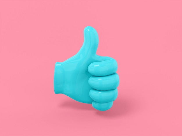 ピンクの平らな背景に親指を上にして青い1色の手のひら。ミニマルなデザインオブジェクト。 3Dレンダリングアイコンuiuxインターフェイス要素。