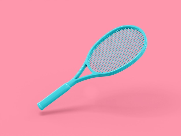 Фото Синяя одноцветная теннисная ракетка на розовом плоском фоне минималистичный объект дизайна 3d-рендеринг значок ui ux элемент интерфейса